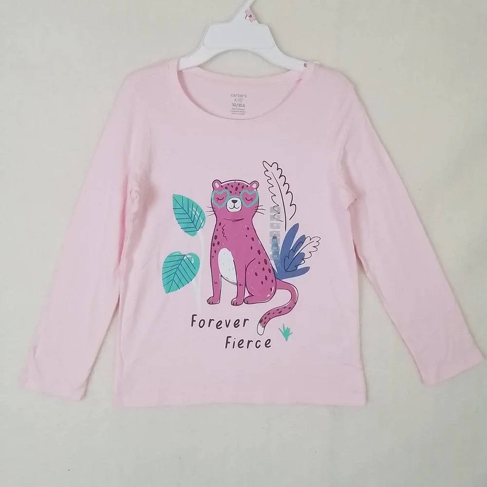 Carter's Kid Long Sleeve Cotton T-Shirt Girl's Size 10‎ Pink w/ Jungle Theme